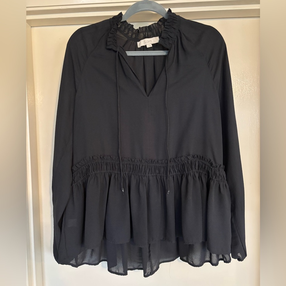 LOFT Black Smocked Tie Neck Blouse with Ruffled Hem